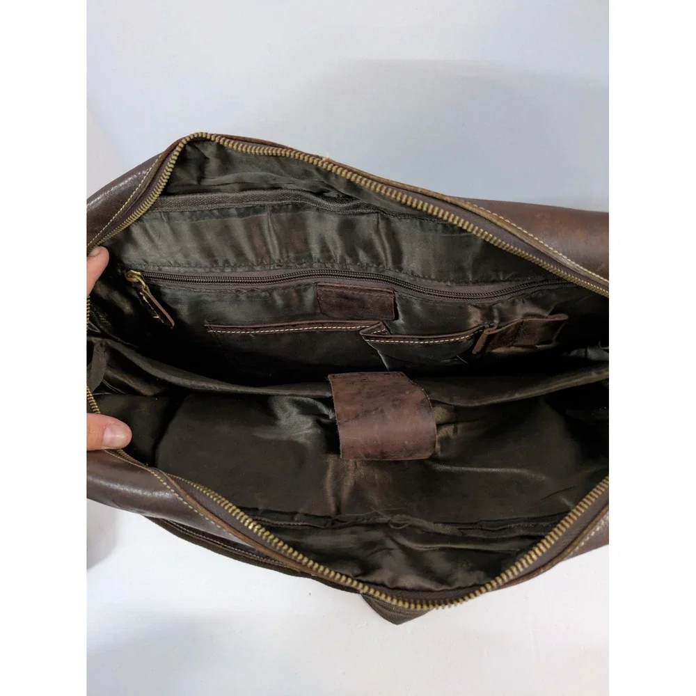 Mens Dark Brown Distressed Leather Briefcase Messenger Laptop Bag Brass Hardware